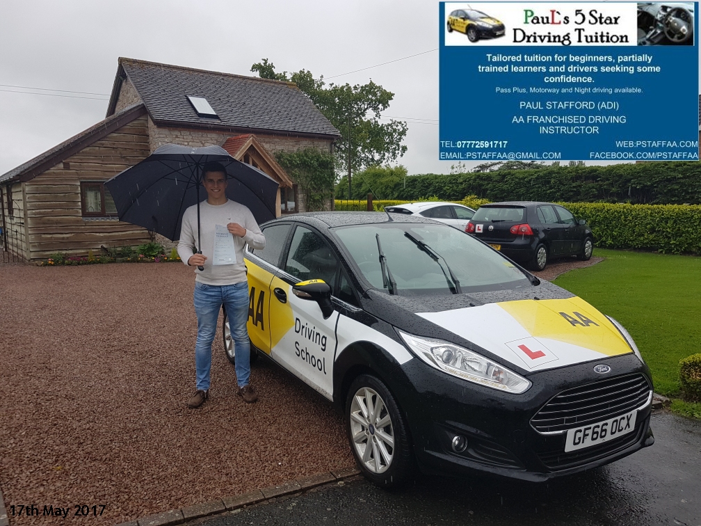 test pass pupil Ryan Brown with Pauls 5 star driving tuition in hereford
